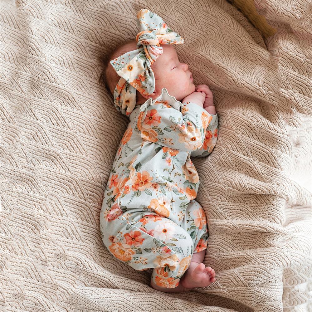 2PCS Sweet Floral Print Zipper Long Sleeve Baby Jumpsuit
