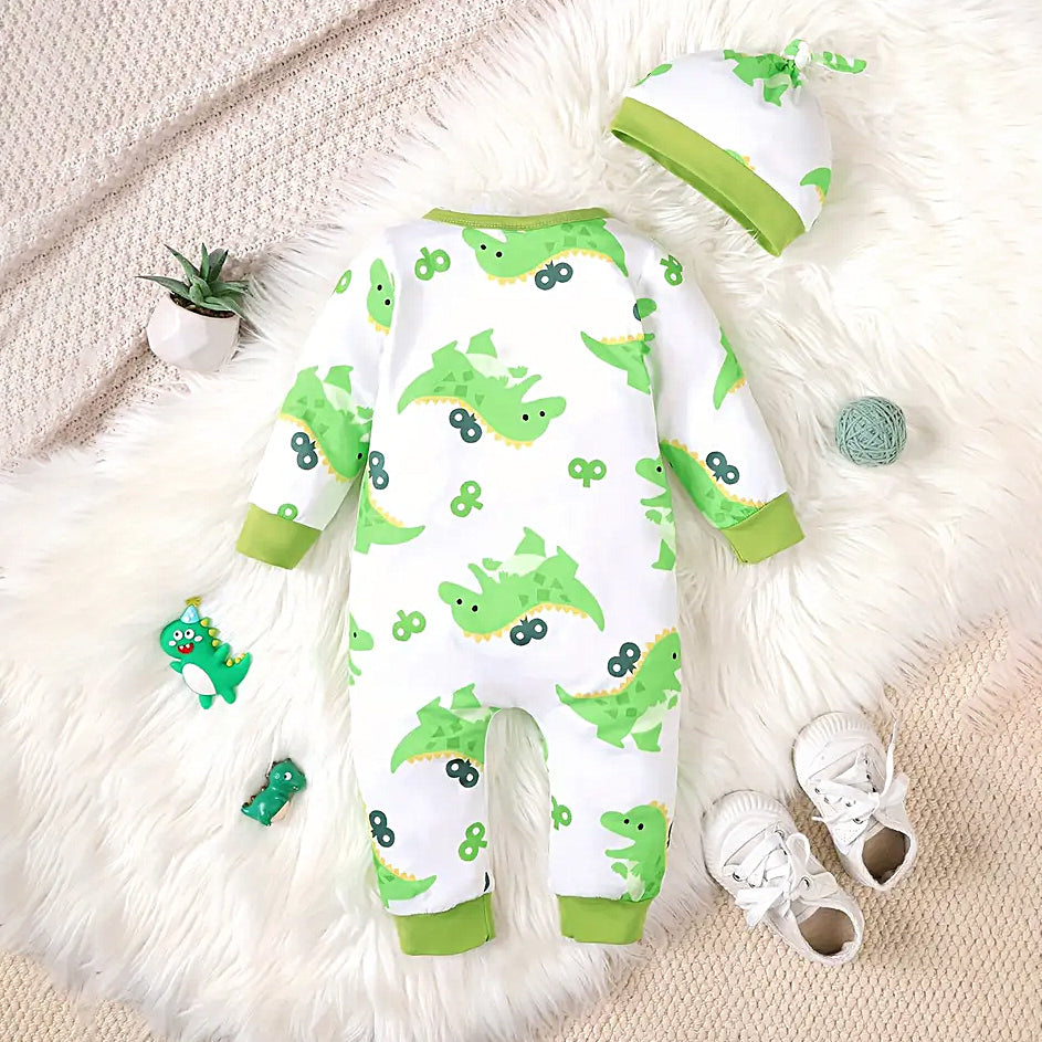 2PCS Cute Clockwork Dinosaur Print Long Sleeve Baby Jumpsuit