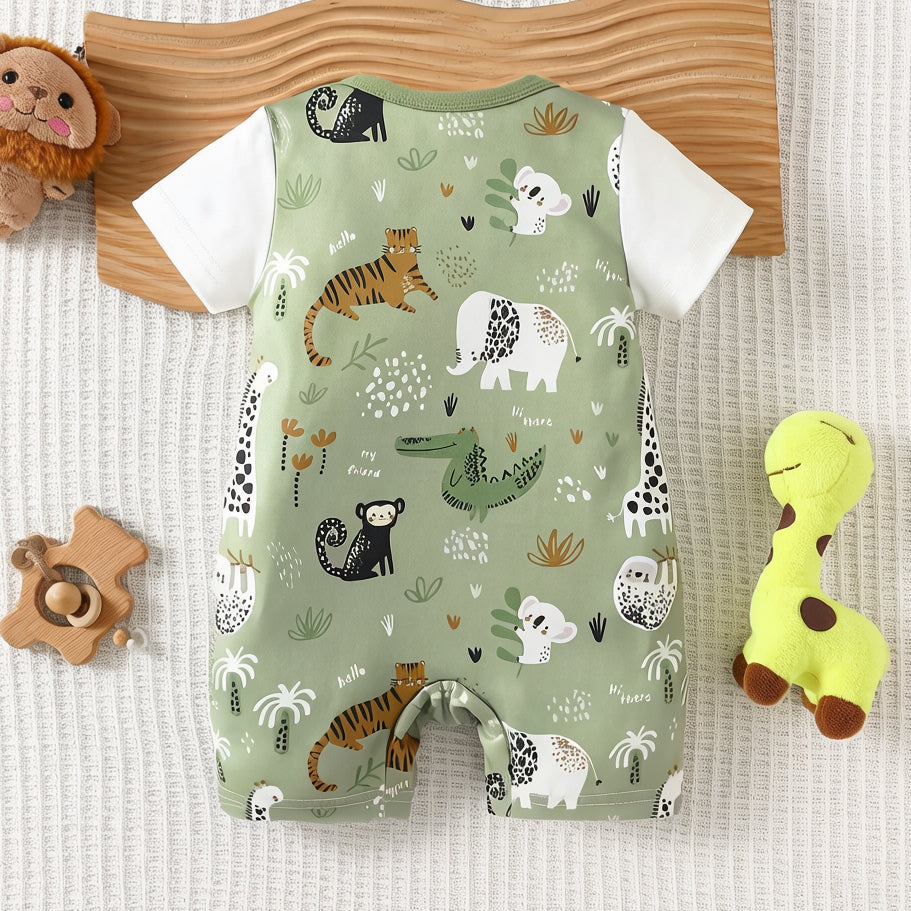 Cute Fake Two-Piece Animal Print Short Sleeve Baby Jumpsuit