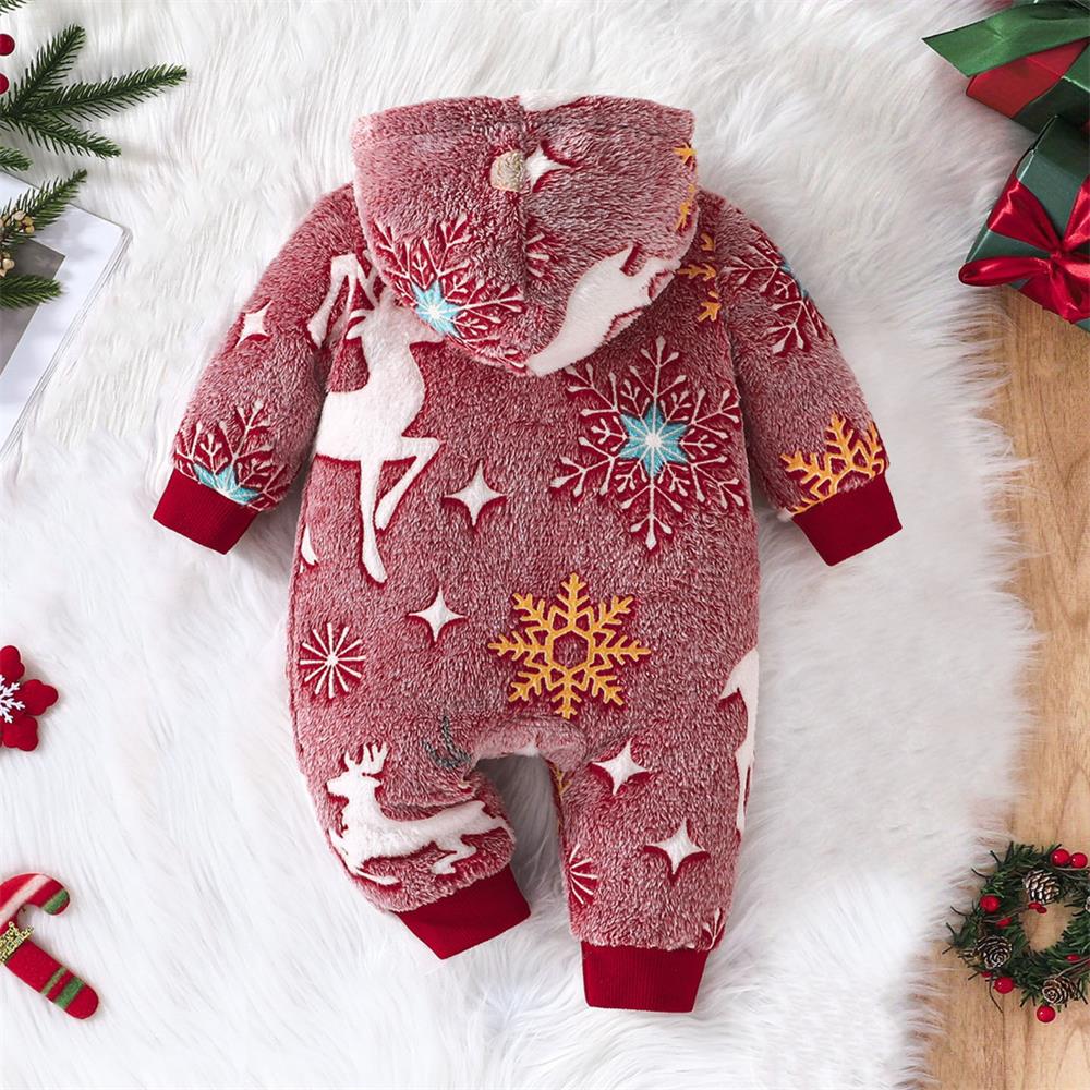 Soft Cozy Snowflake and Reindeer Print Long Sleeve Baby Jumpsuit