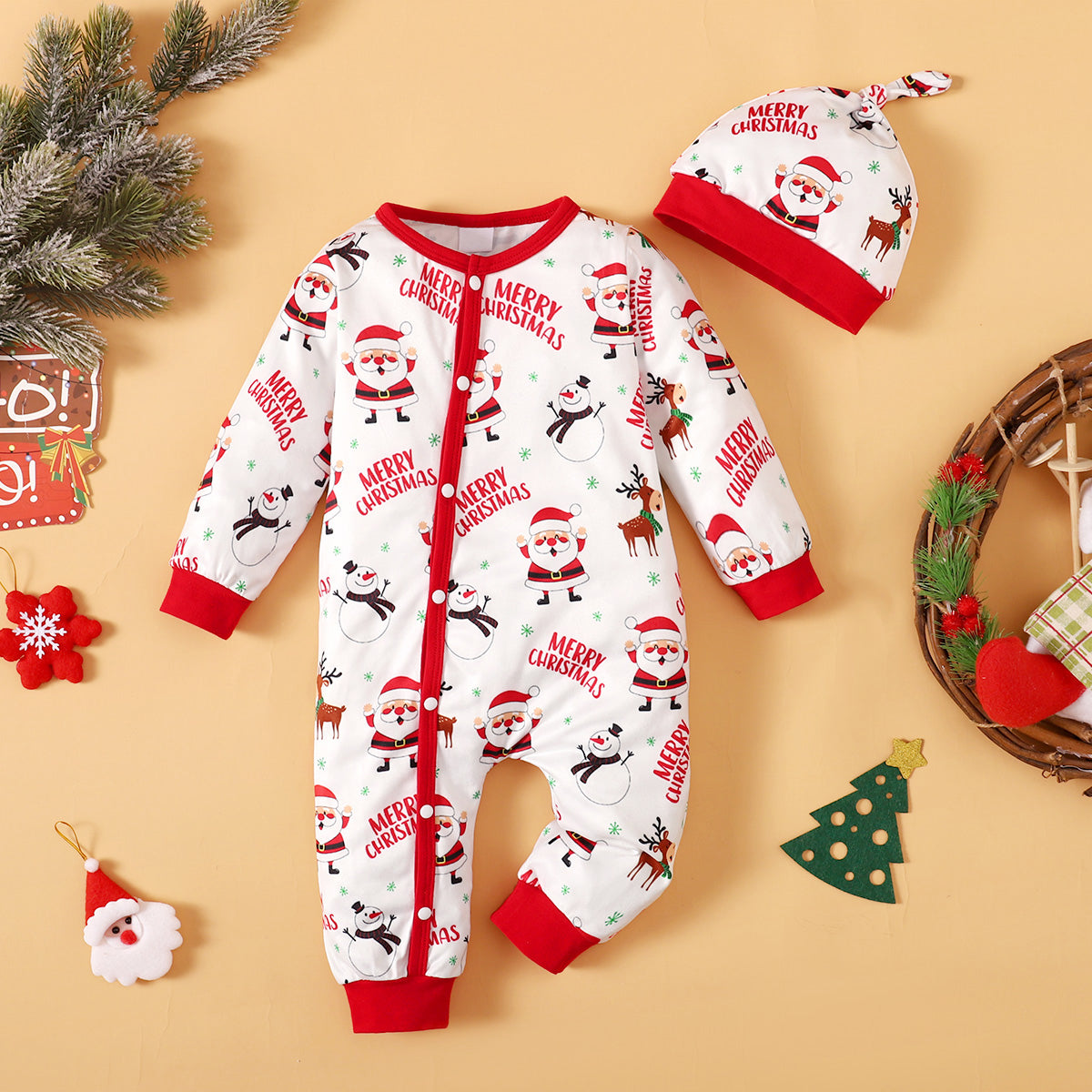 2PCS Merry Christmas Letter Santa Claus Printed Baby Jumpsuit With Hat