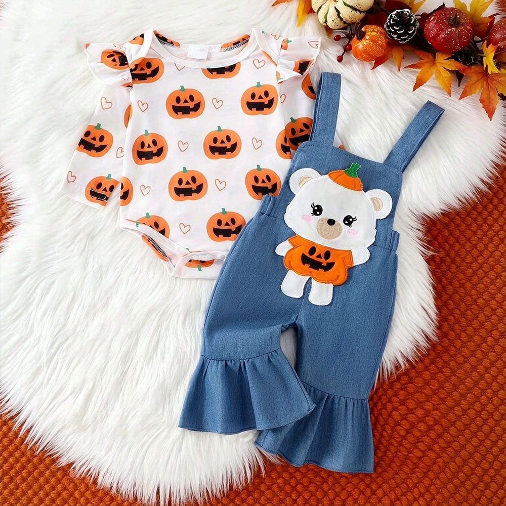 2PCS Halloween Bear Embroidery Pumpkin Printed Overalls Baby Set