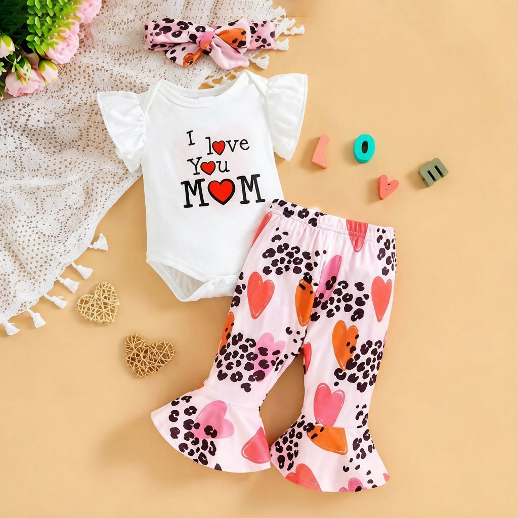 3PCS I Love You Mom Letter Heart Printed Baby Set
