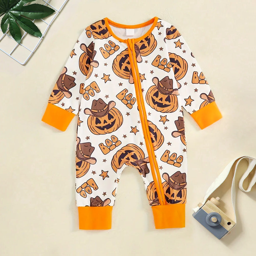 Cute Boo Letter Pumpkin Printed Long Sleeve Halloween Baby Jumpsuit