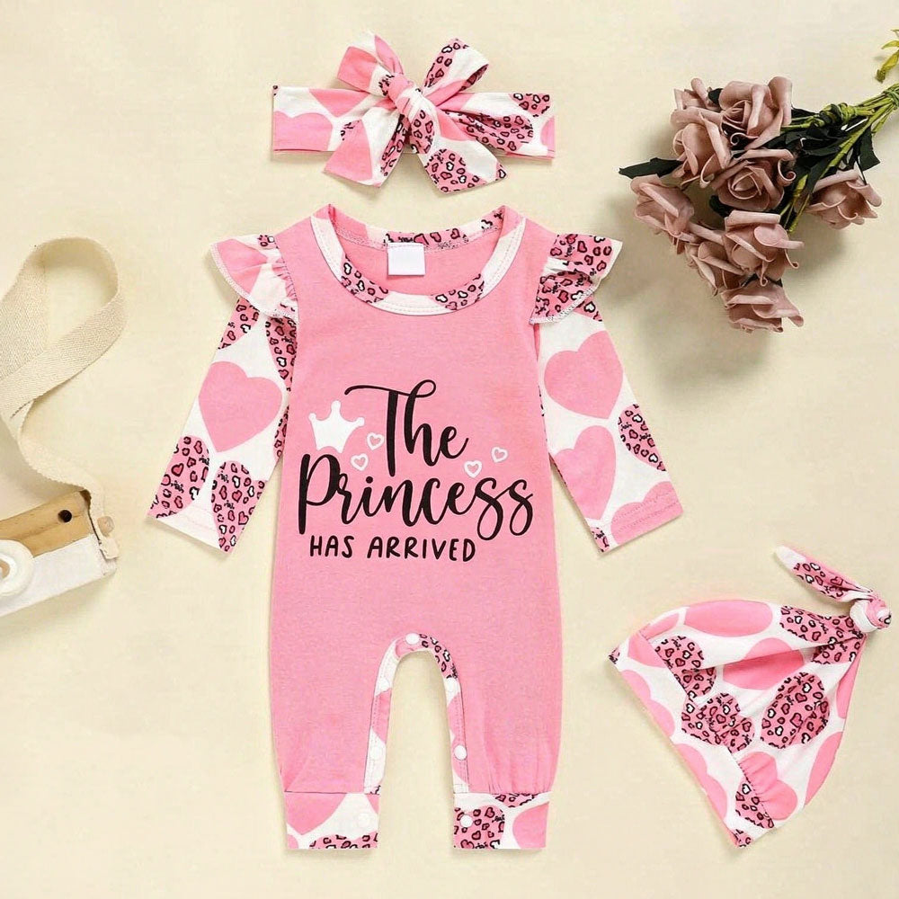 3PCS The Princess Has Arrived Letter Heart Leopard Printed Baby Jumpsuit