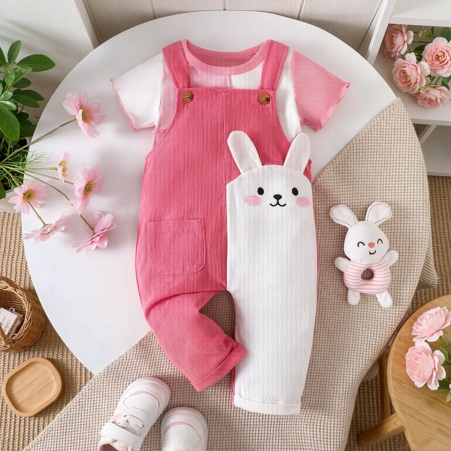 2PCS Pretty Rabbit Printed Short Sleeve Baby Overalls Set
