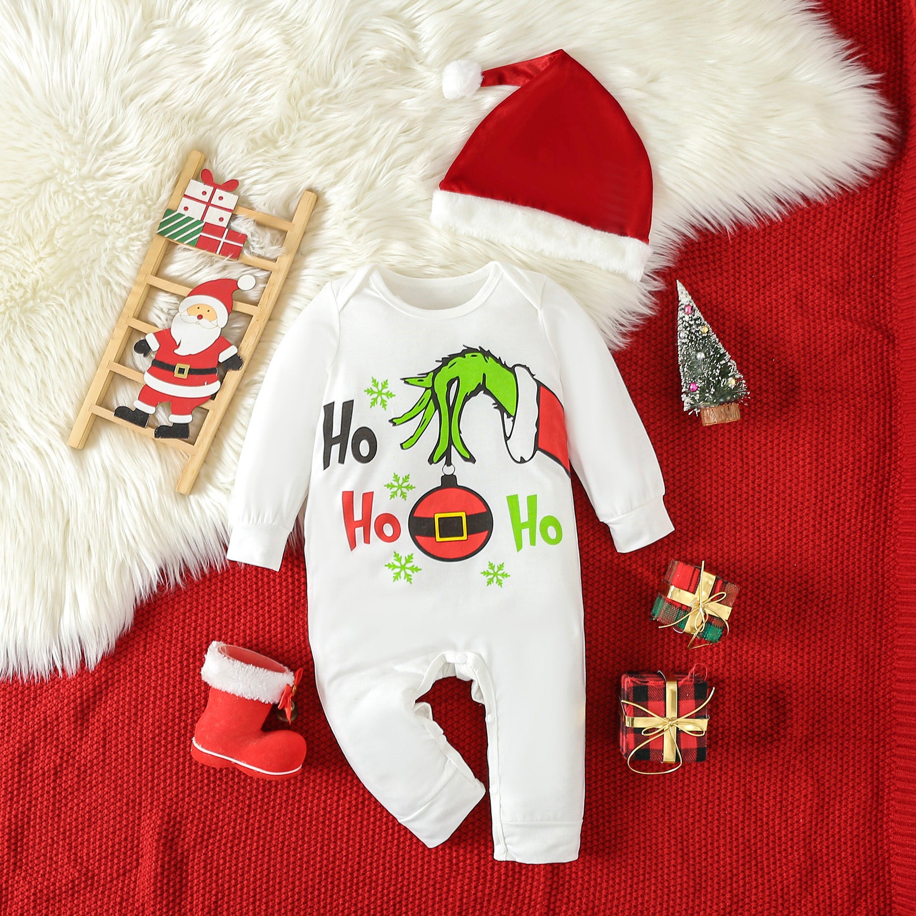 2PCS Ho Letter Christmas Lanterns Printed Baby Jumpsuit