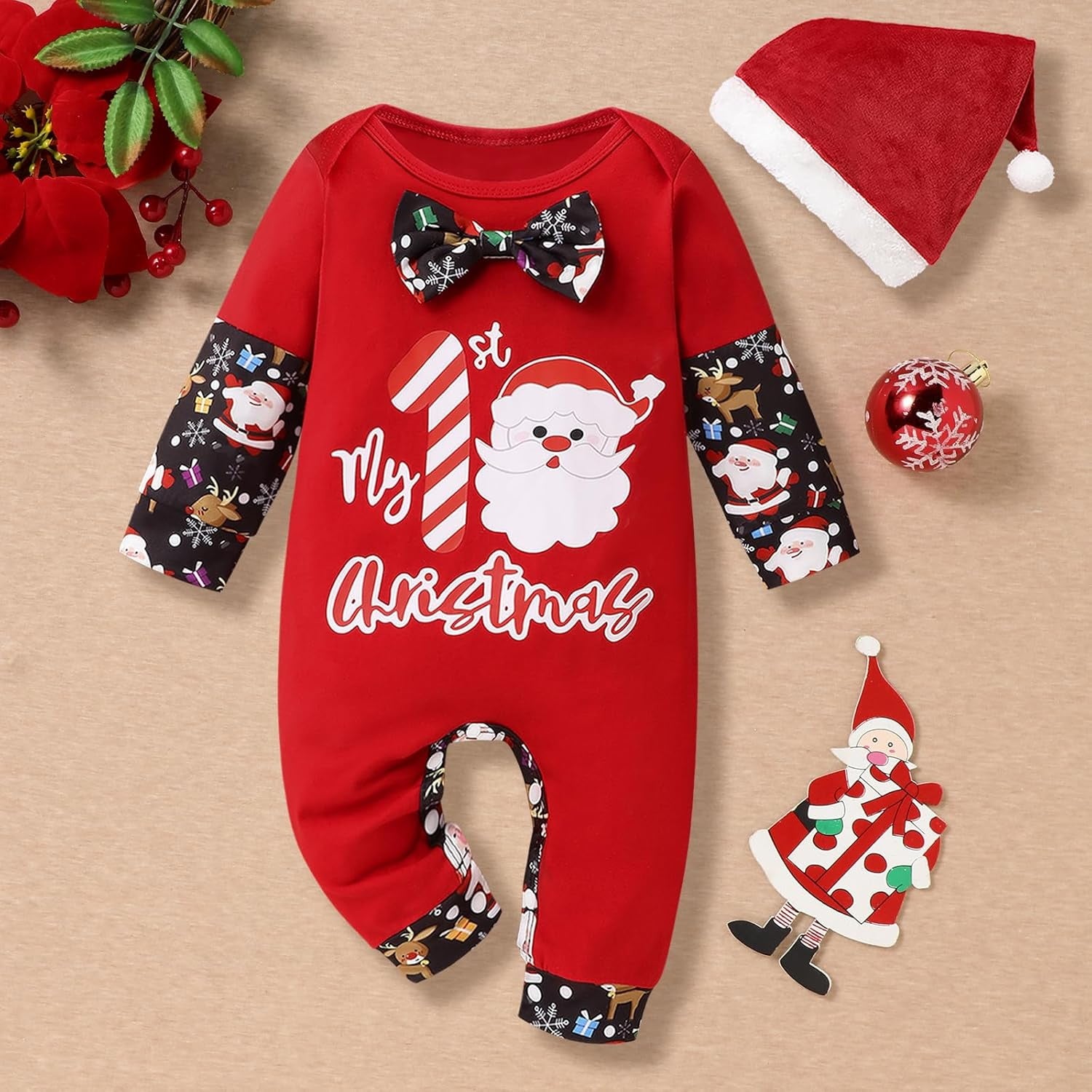 2PCS My 1st Christmas Letter Santa Claus Printed Baby Jumpsuit