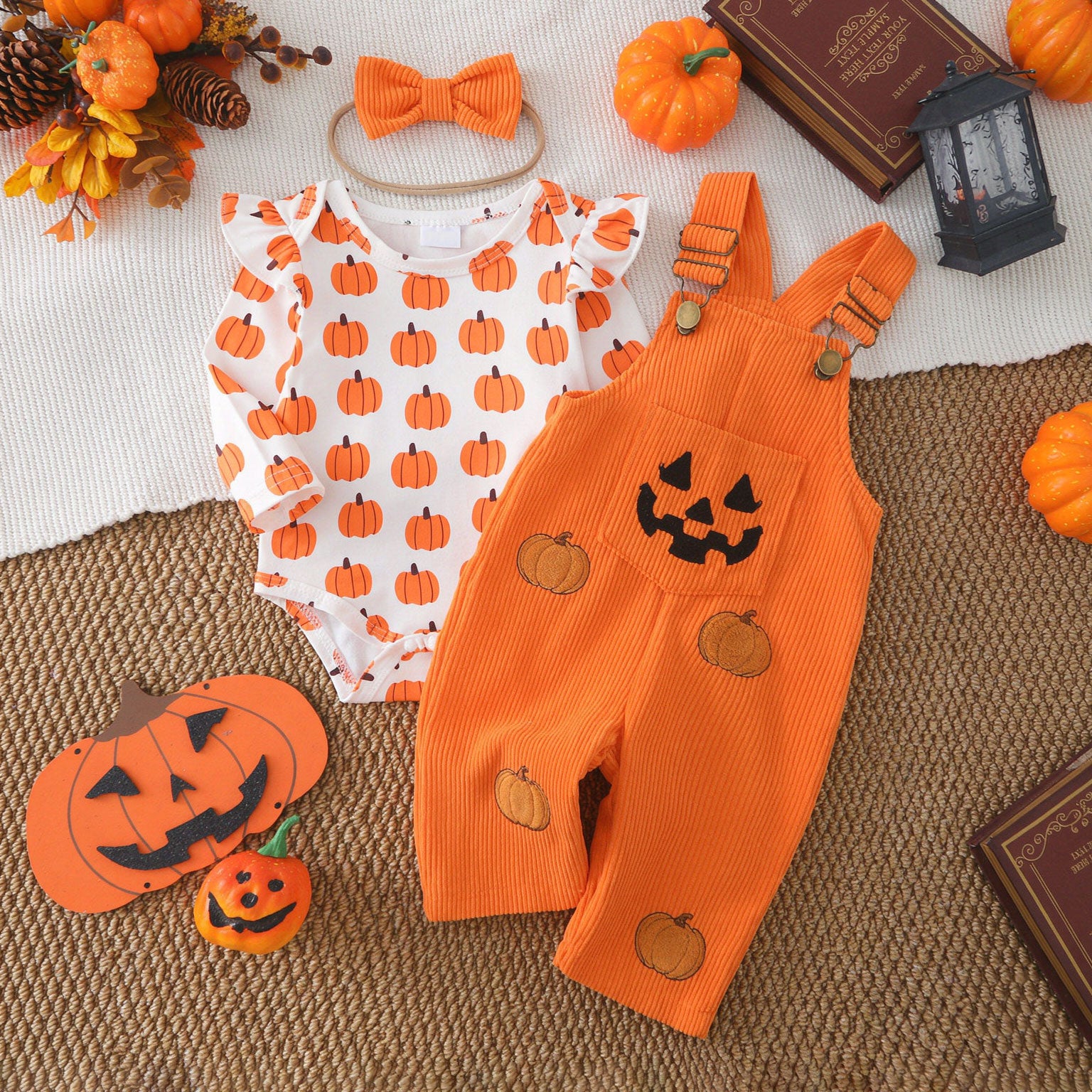 3PCS Halloween Ghost Pumpkin Print Corduroy Overalls Baby Set