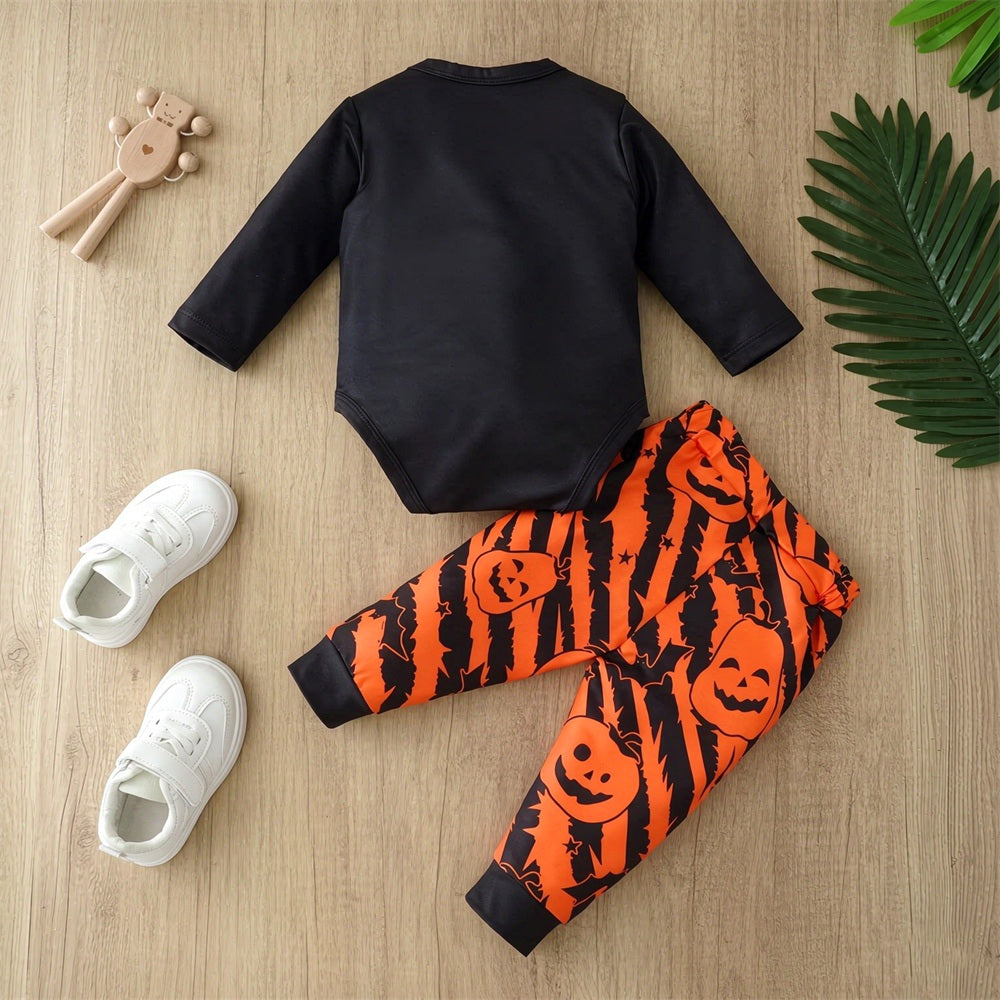 2PCS Halloween New Little Cutest Boo Letter Pumpkin Print Baby Set