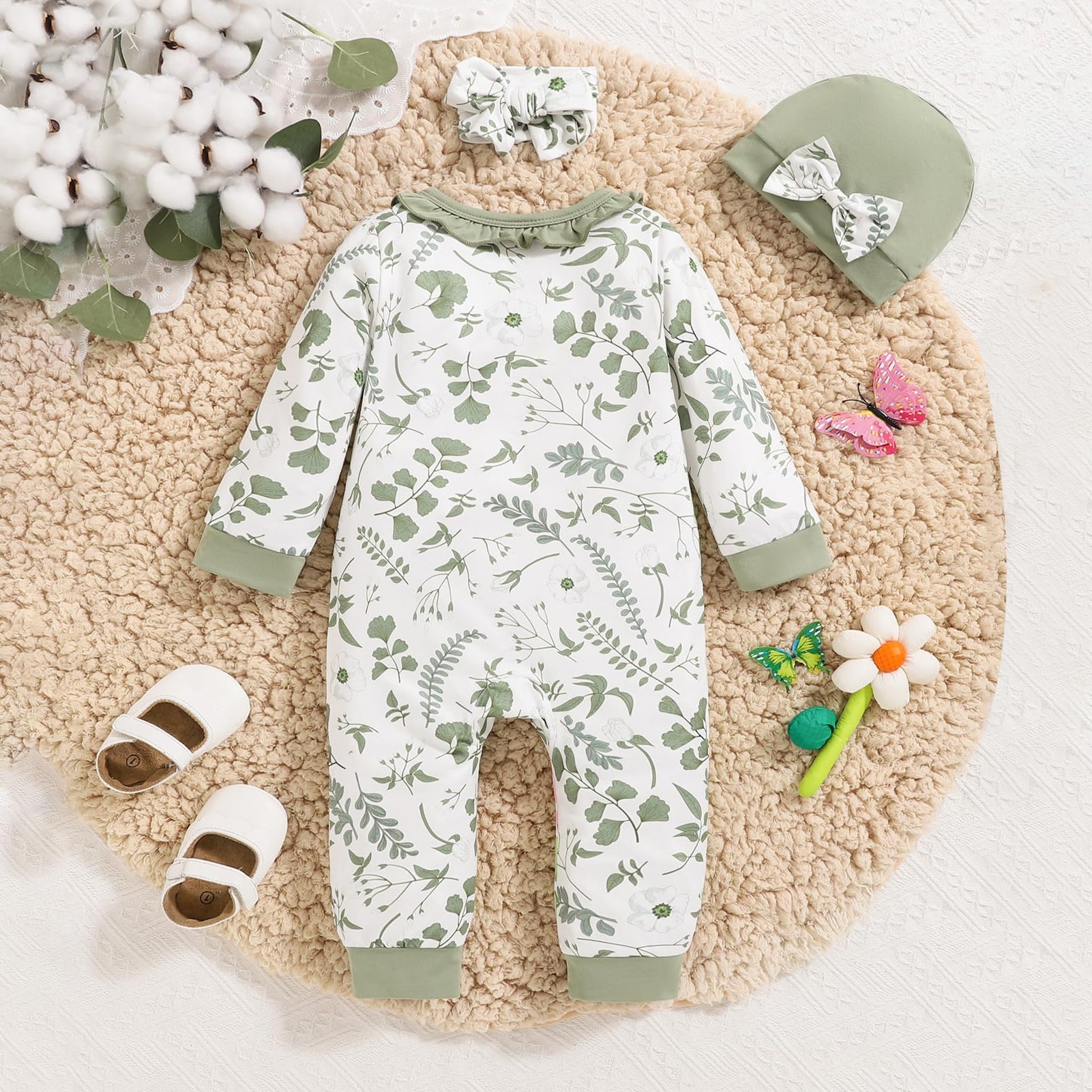 3PCS Cute Animal Floral Printed Long Sleeve Baby Jumpsuit