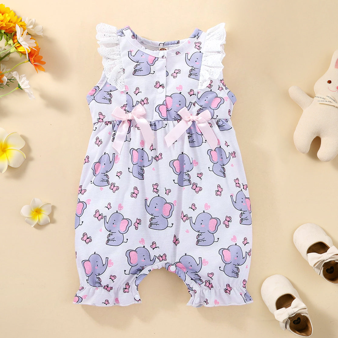 Lovely Elephant Printed Ruffle Bow Decorate Baby Jumpsuit