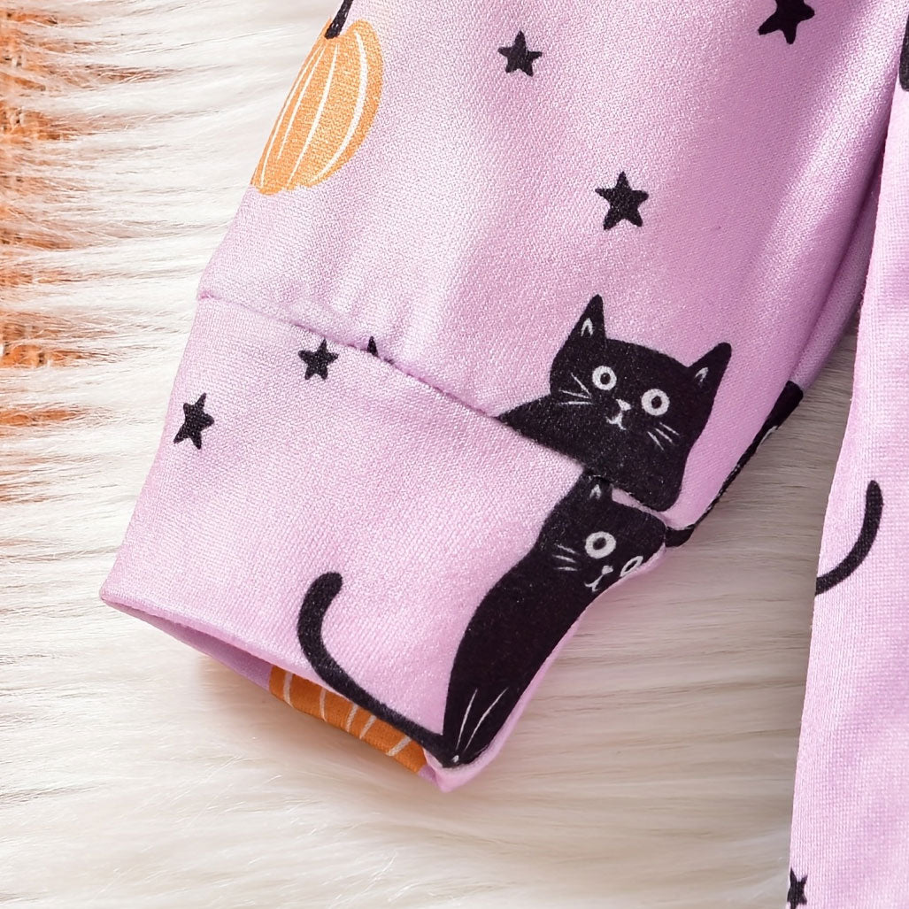 2PCS My 1st Halloween Letter Cat and Stars Printed Baby Girl Jumpsuit