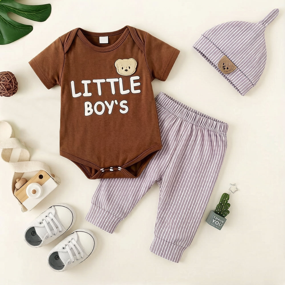 3PCS Little Boy's Letter Stripe Printed Short Sleeve Baby Boy Set