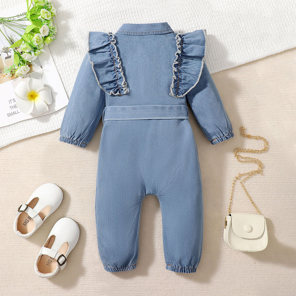 2PCS Solid Color Denim Long Sleeve Baby Jumpsuit