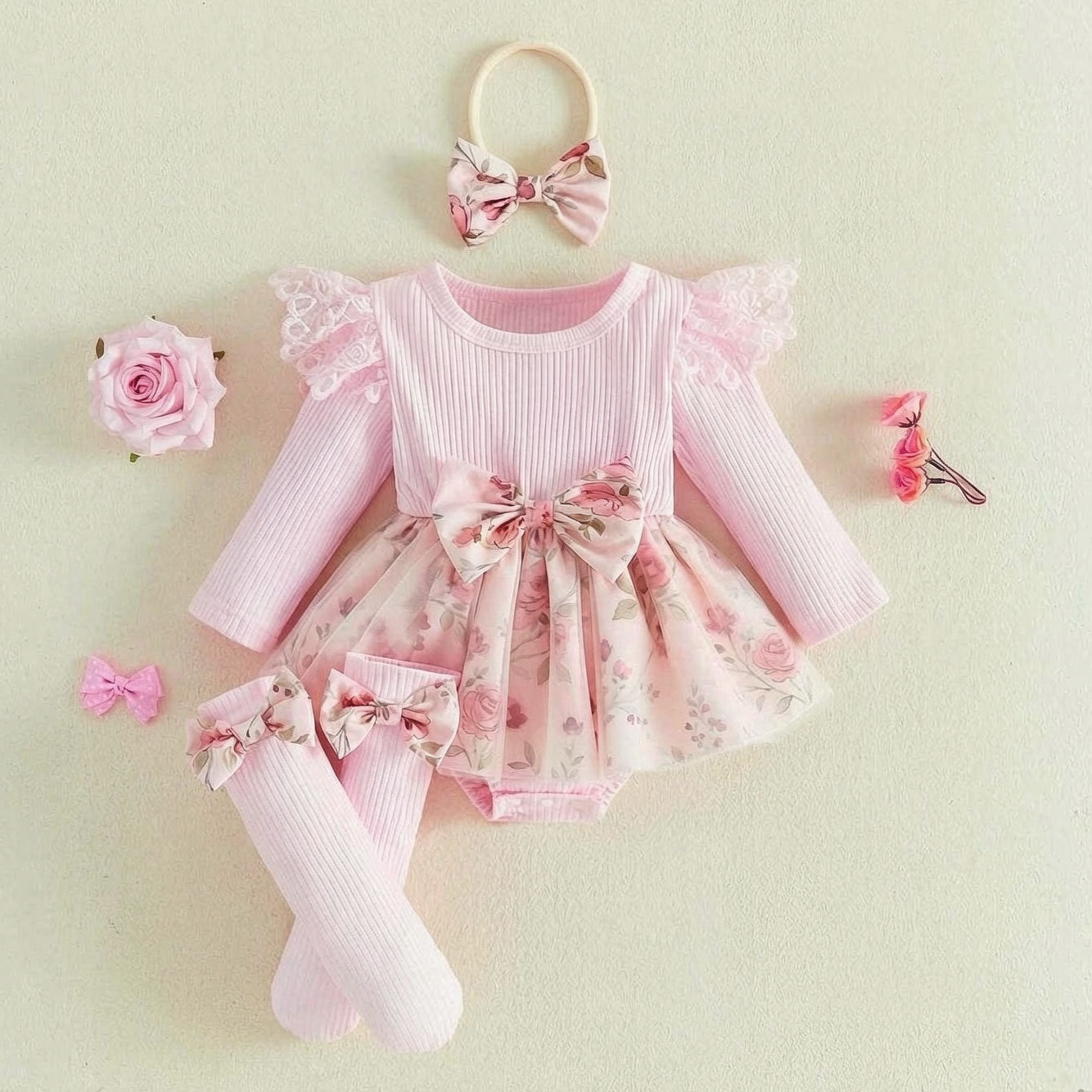 3PCS Gorgeous Floral Printed Ruffle Decor Baby Girl Romper
