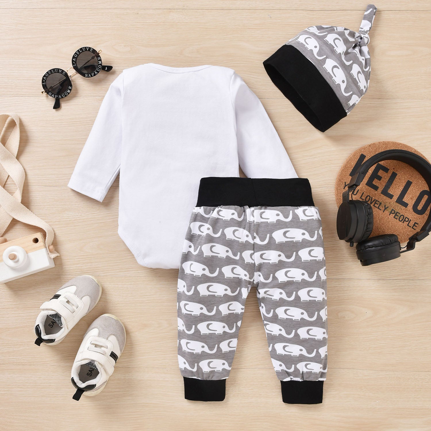 3PCS Little Brother Letter Elephant Printed Baby Set