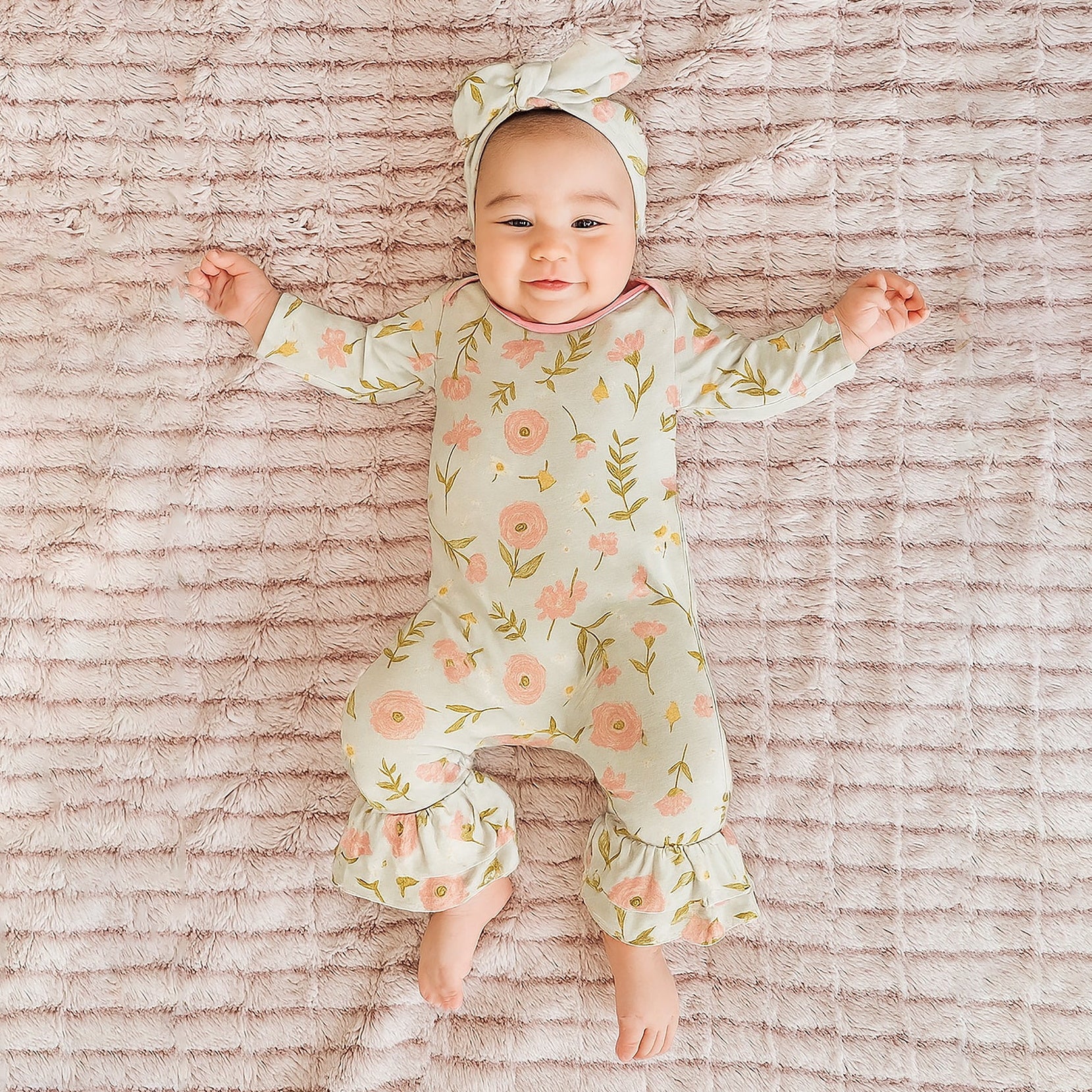 2PCS Adorable Floral Print Long Sleeve Baby Girl Jumpsuit