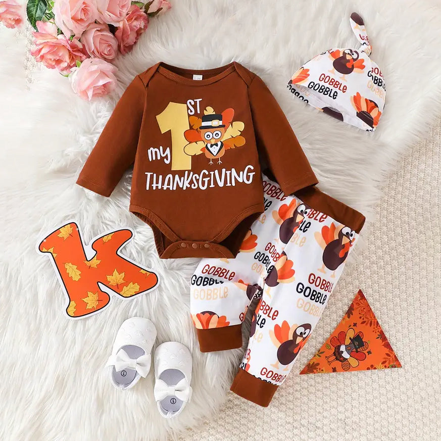 3PCS My 1st Thanksgiving Letter Turkey Printed Long Sleeve Baby Set