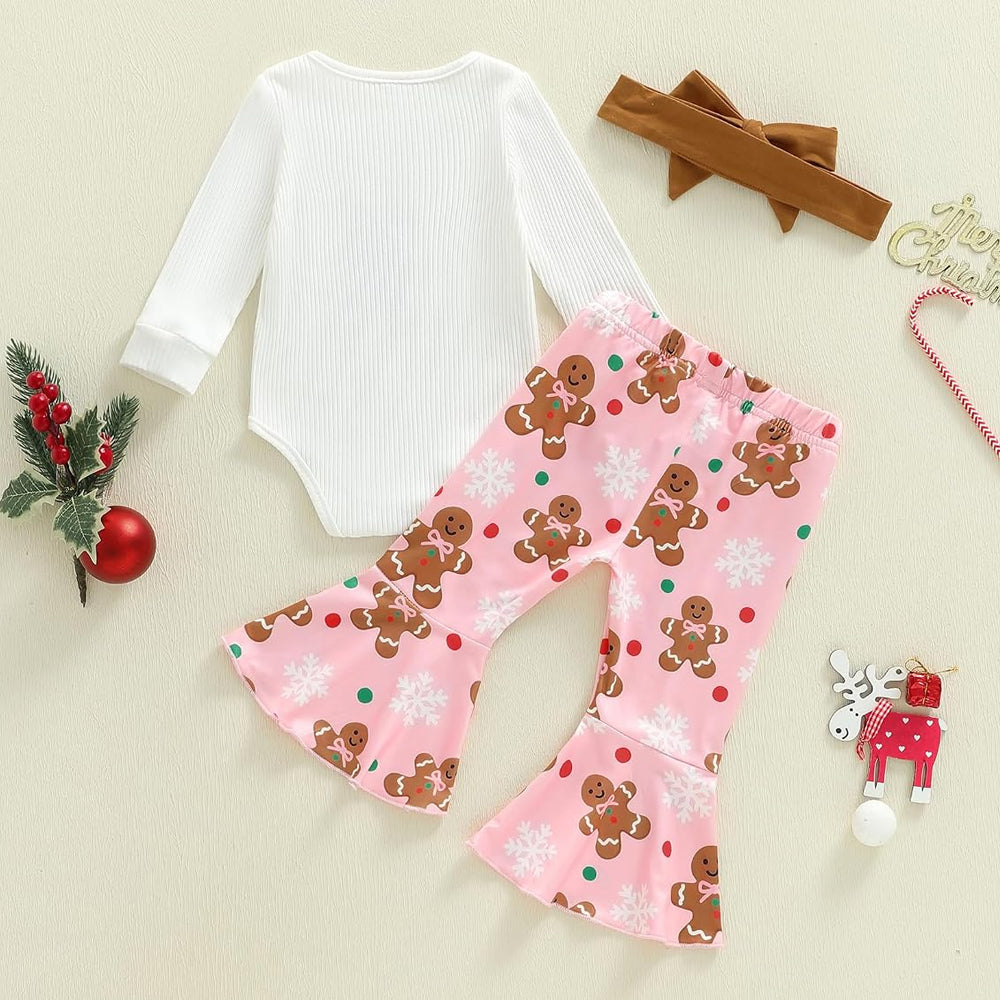 3PCS My 1st Christmas Letter Gingerbread Man Print Baby Girl Set