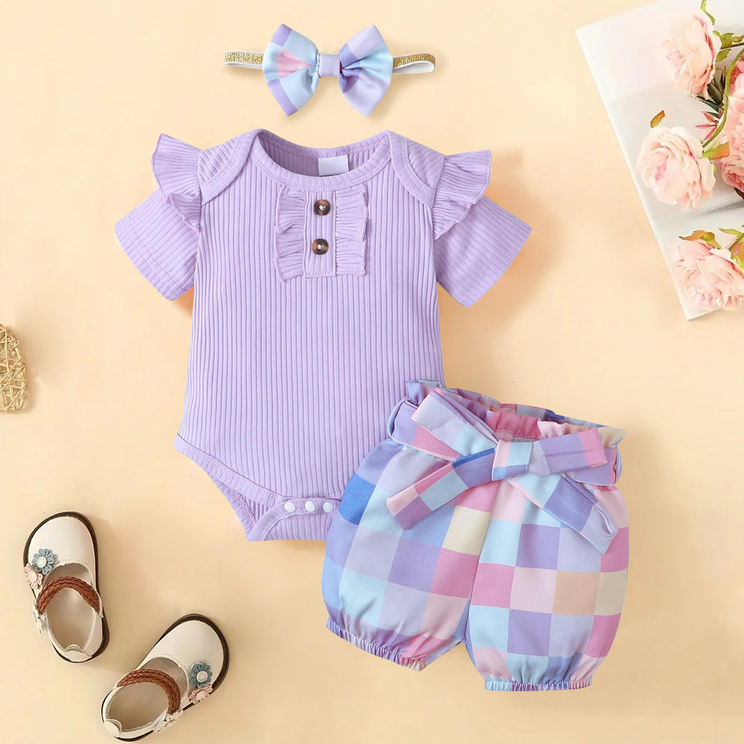 3PCS Trendy Plaid Printed Short Sleeve Baby Set