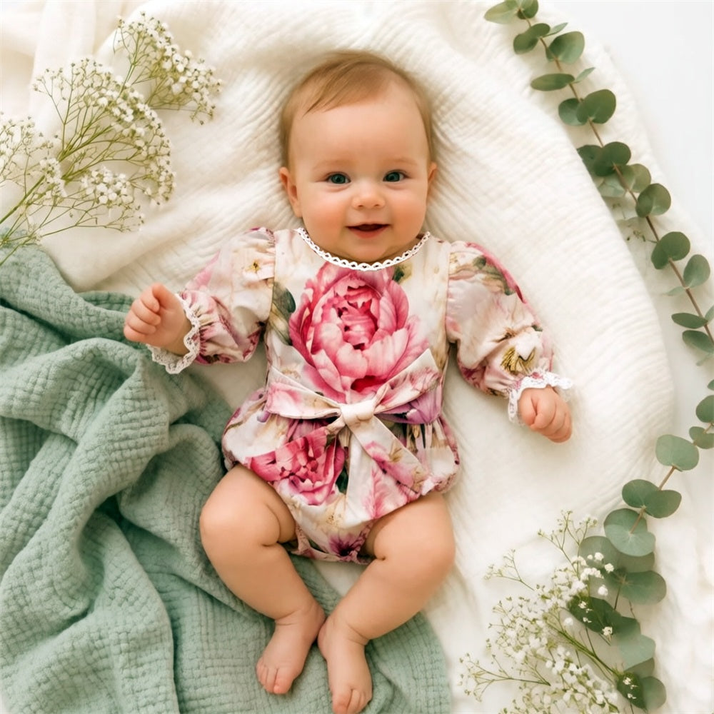 Graceful Floral Print Long Sleeve Baby Girl Romper