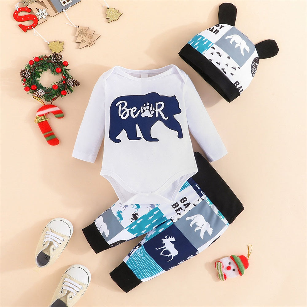 3PCS Cute Bear Print Long Sleeve Baby Set