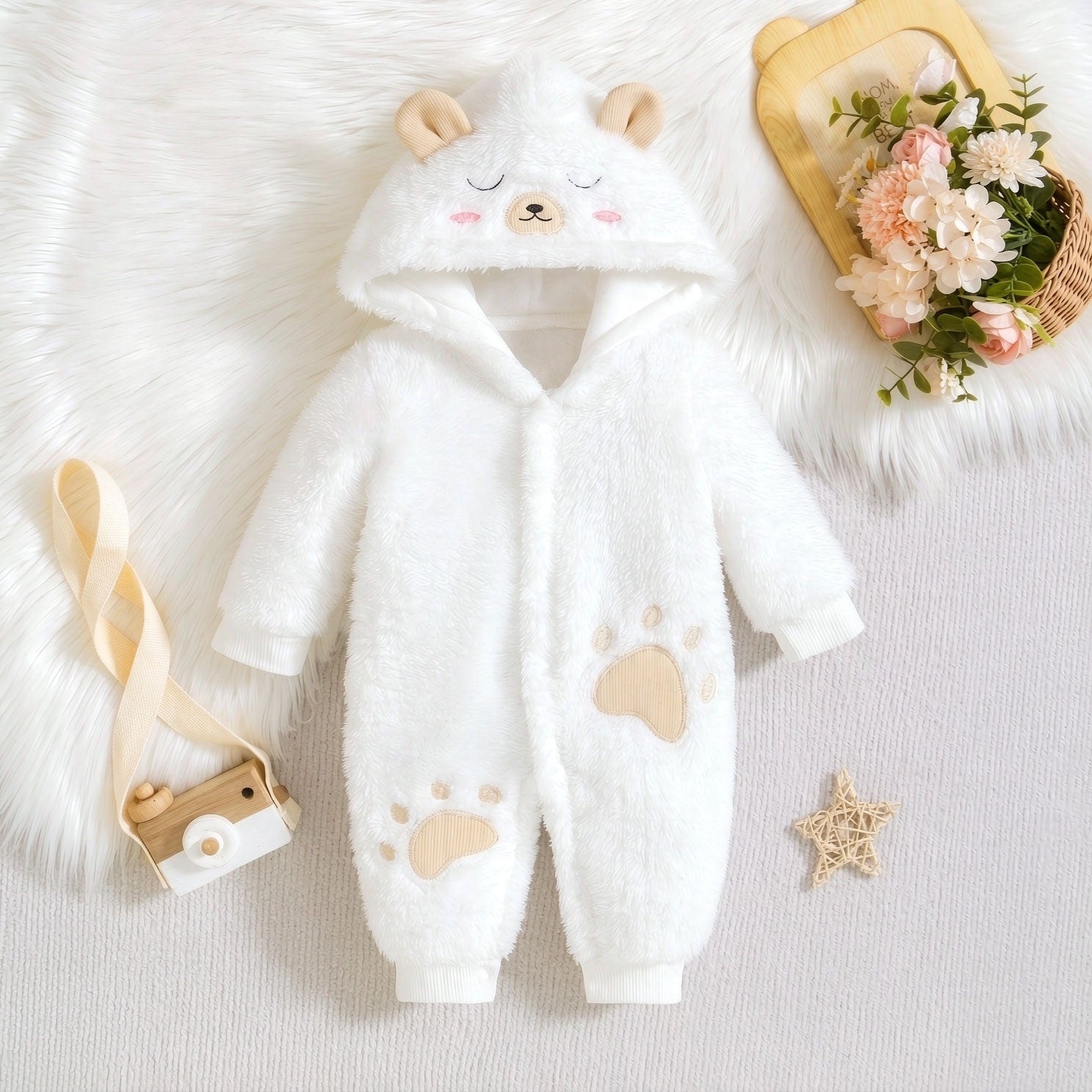 Lovely Fuzzy 3D Ear Bear Printed Zipper Hoodie Baby Jumpsuit