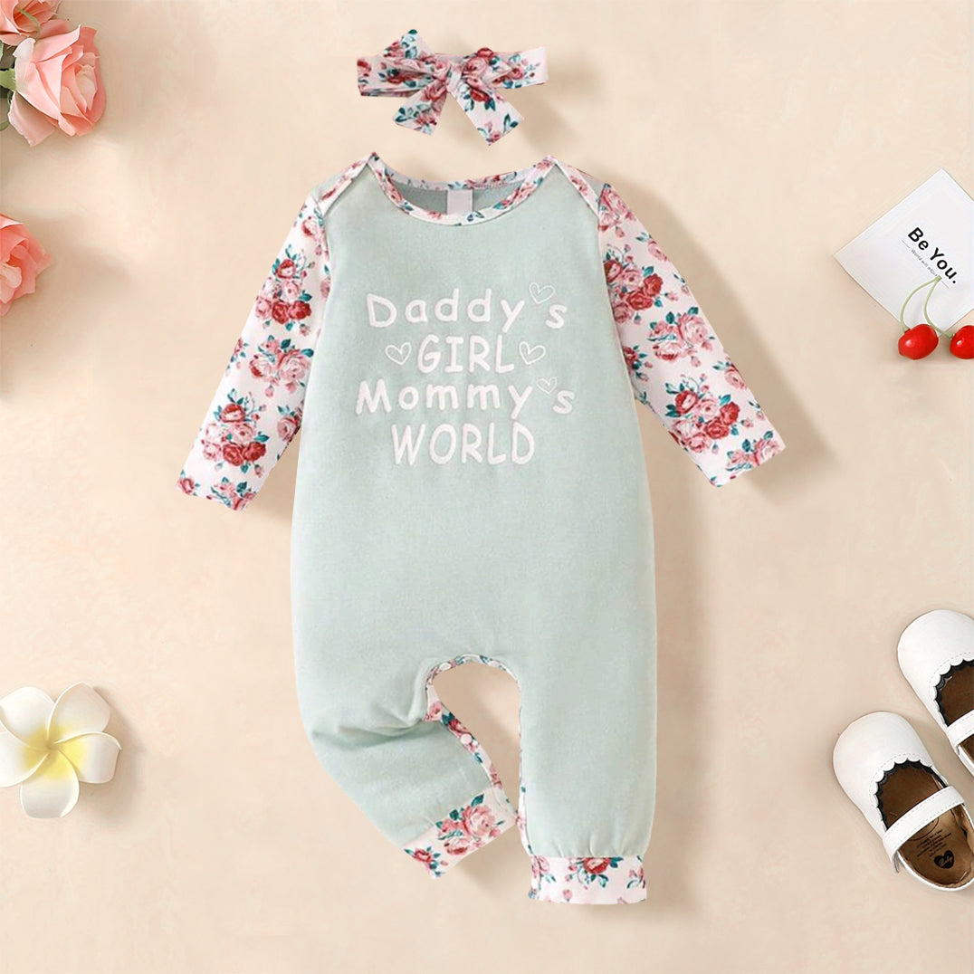 2PCS Daddy's Girl Mommy‘s World Letter Floral Printed Baby Jumpsuit