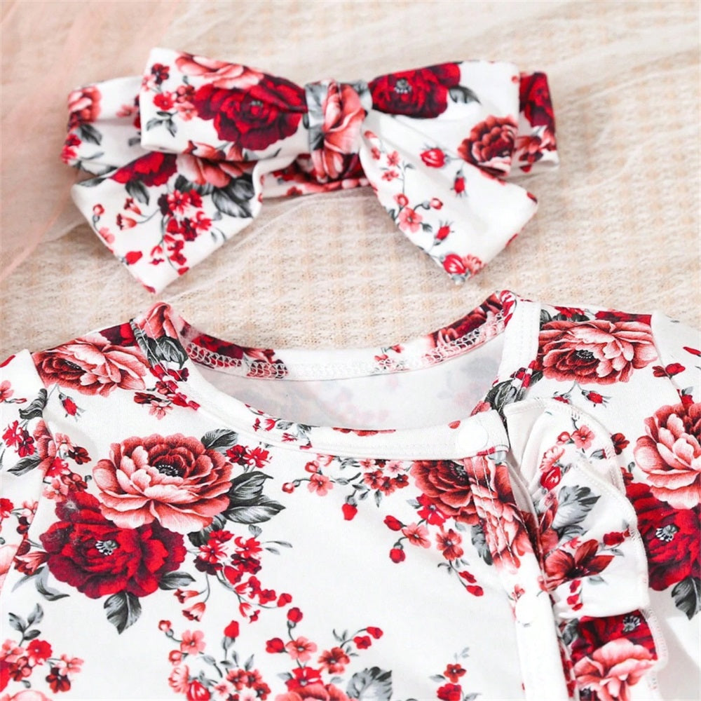 2PCS Allover Floral Print Long Sleeve Baby Jumpsuit