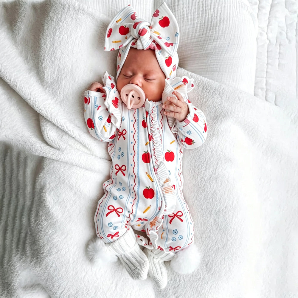 2PCS Cute Bow and Apple Print Zipper Long Sleeve Baby Jumpsuit