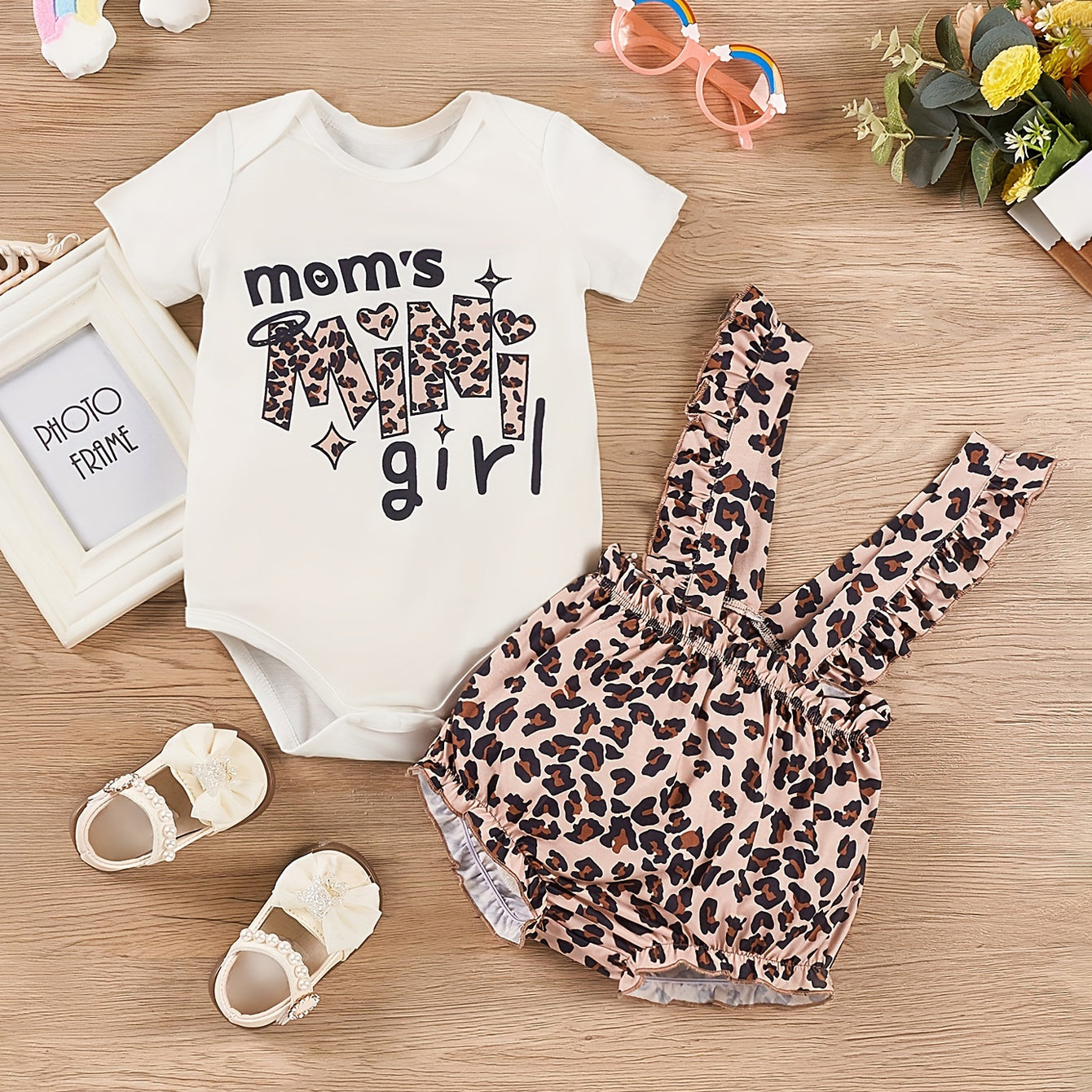 2PCS Mom's Mini Girl Letter Leopard Printed Short Sleeve Baby Set