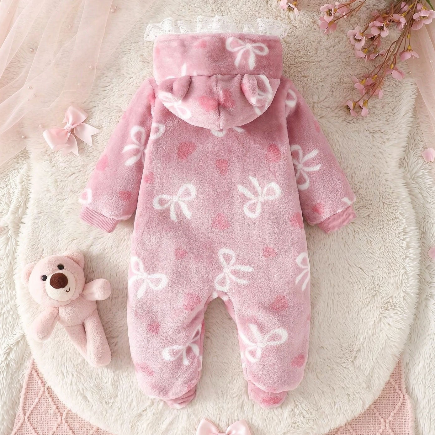 Grace Bow Printed Bear Embroidered Fuzzy Hoodie Long Sleeve Baby Jumpsuit