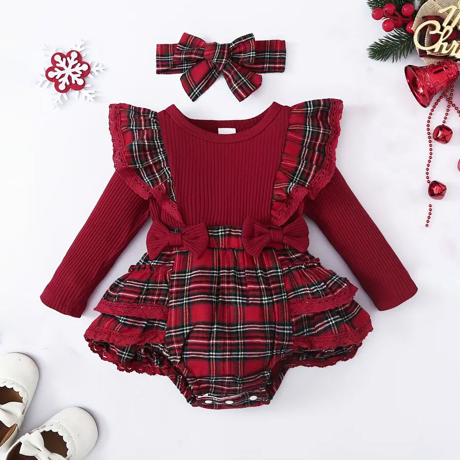 2PCS Christmas Plaid Printed Long Sleeve Baby Romper