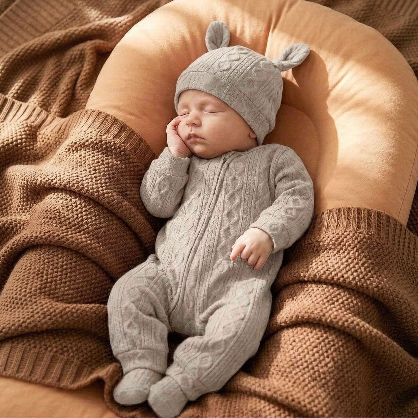 2PCS Lovely 3D Ear Decor Solid Color Knit Baby Jumpsuit