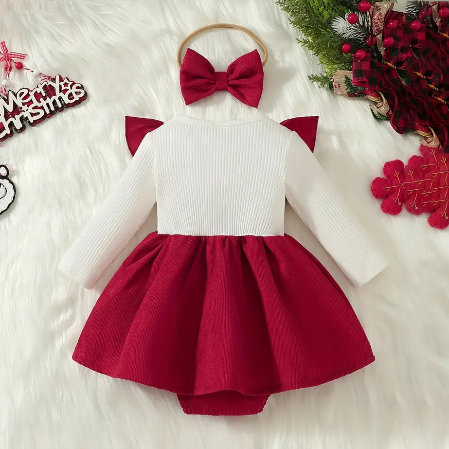 2PCS Santa Claus Print Bowknot Long Sleeve Baby Romper