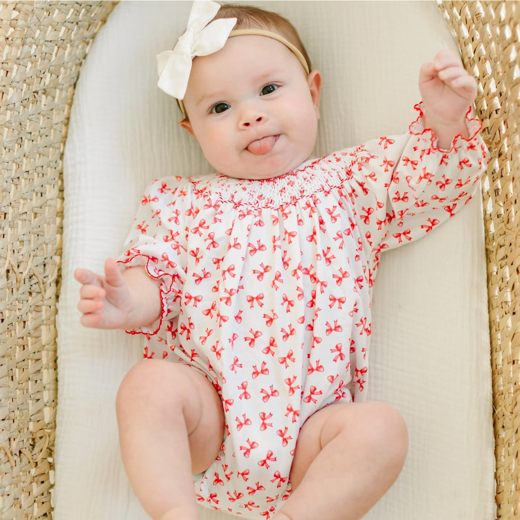 Allover Bow Print Long Sleeve Baby Romper