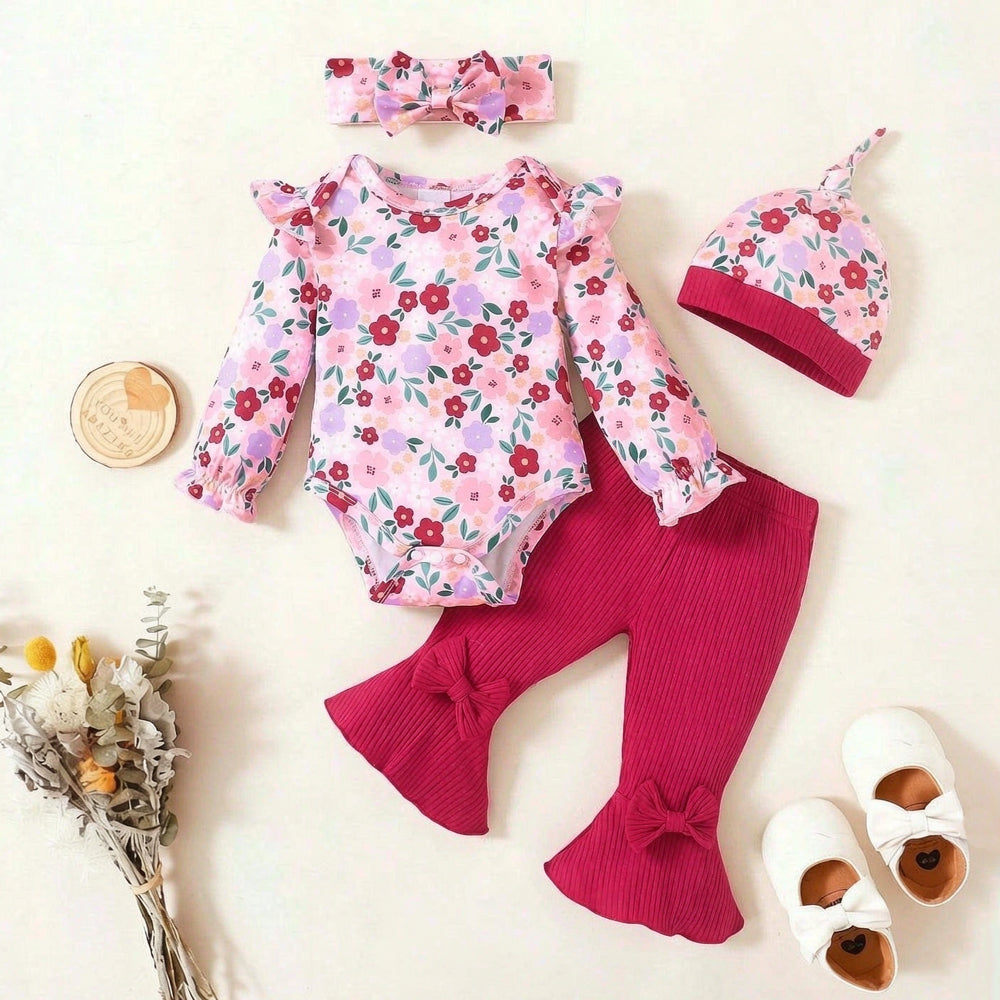 4PCS Colorful Baby Girl Floral Print Bow Long Sleeve Set