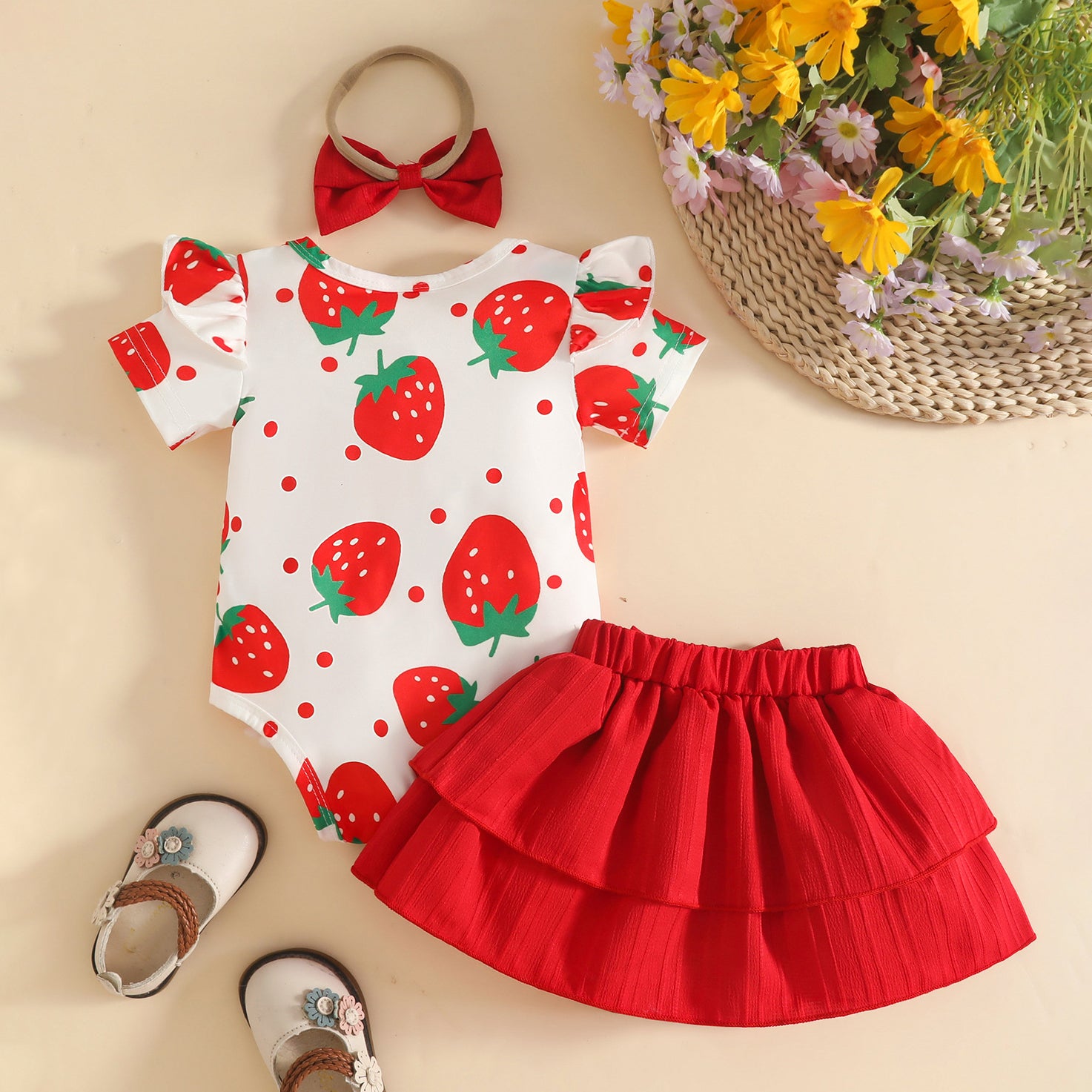 3PCS Summer Strawberry Print Short Sleeve Baby Set