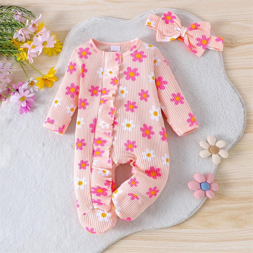 2PCS Cute Floral Print Long Sleeve Baby Jumpsuit