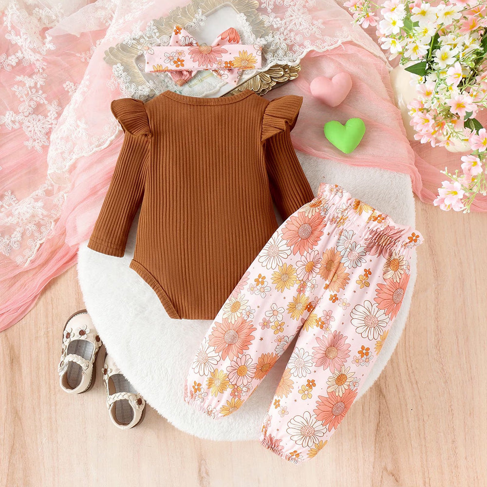 3PCS Stylish Floral Print Long Sleeve Baby Girl Set