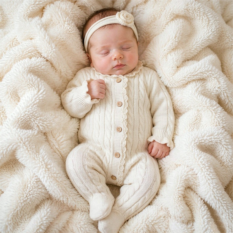 Lovely Knit Solid Color Lace Long Sleeve Baby Jumpsuit