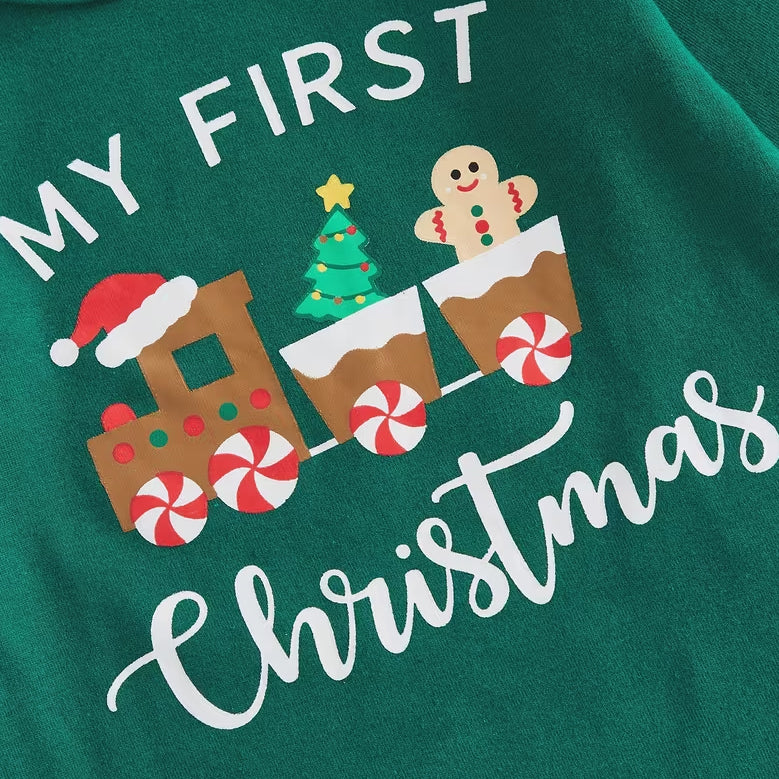 3PCS My First Christmas Letter Train Gingerbread Printed Baby Overalls Set
