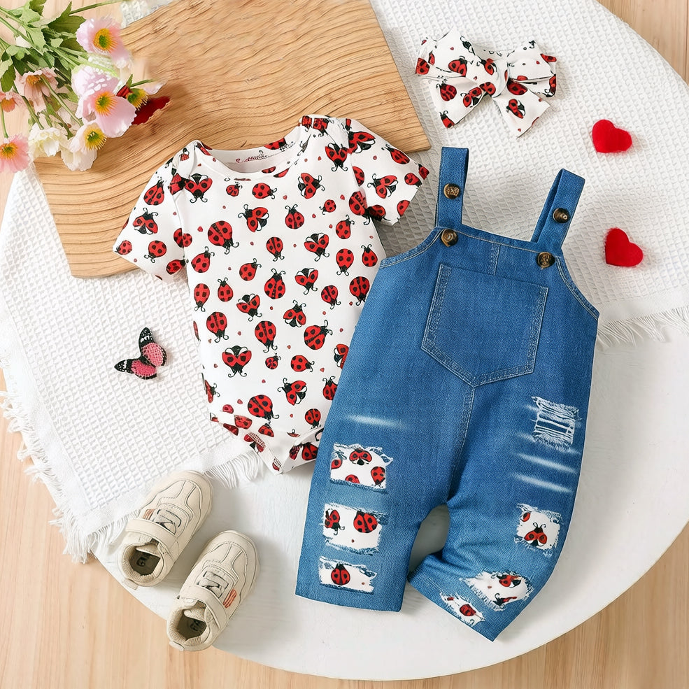 3PCS Cute Ladybug Printed Short Sleeve Denim Overalls Baby Set