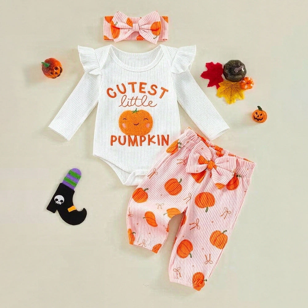 3PCS Halloween Cutest Little Pumpkin Letter Printed Baby Set