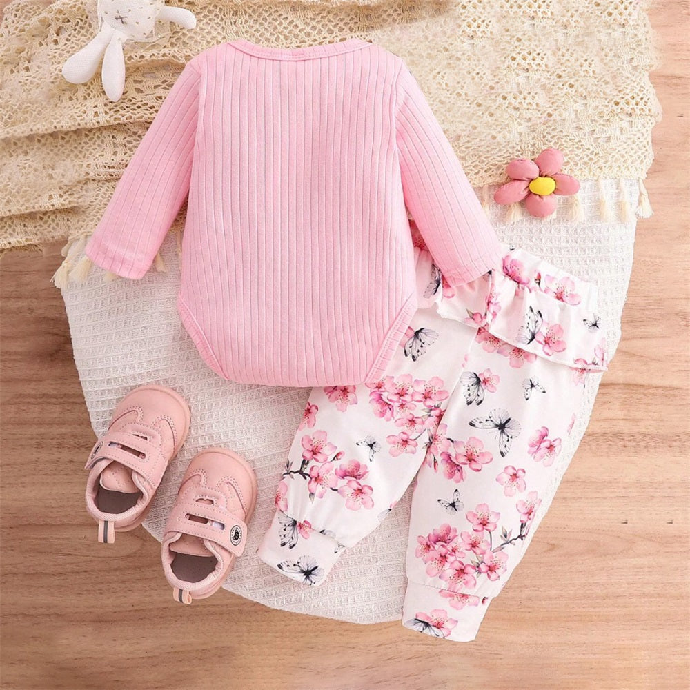 2PCS Sweet Floral Print Rib Long Sleeve Baby Set