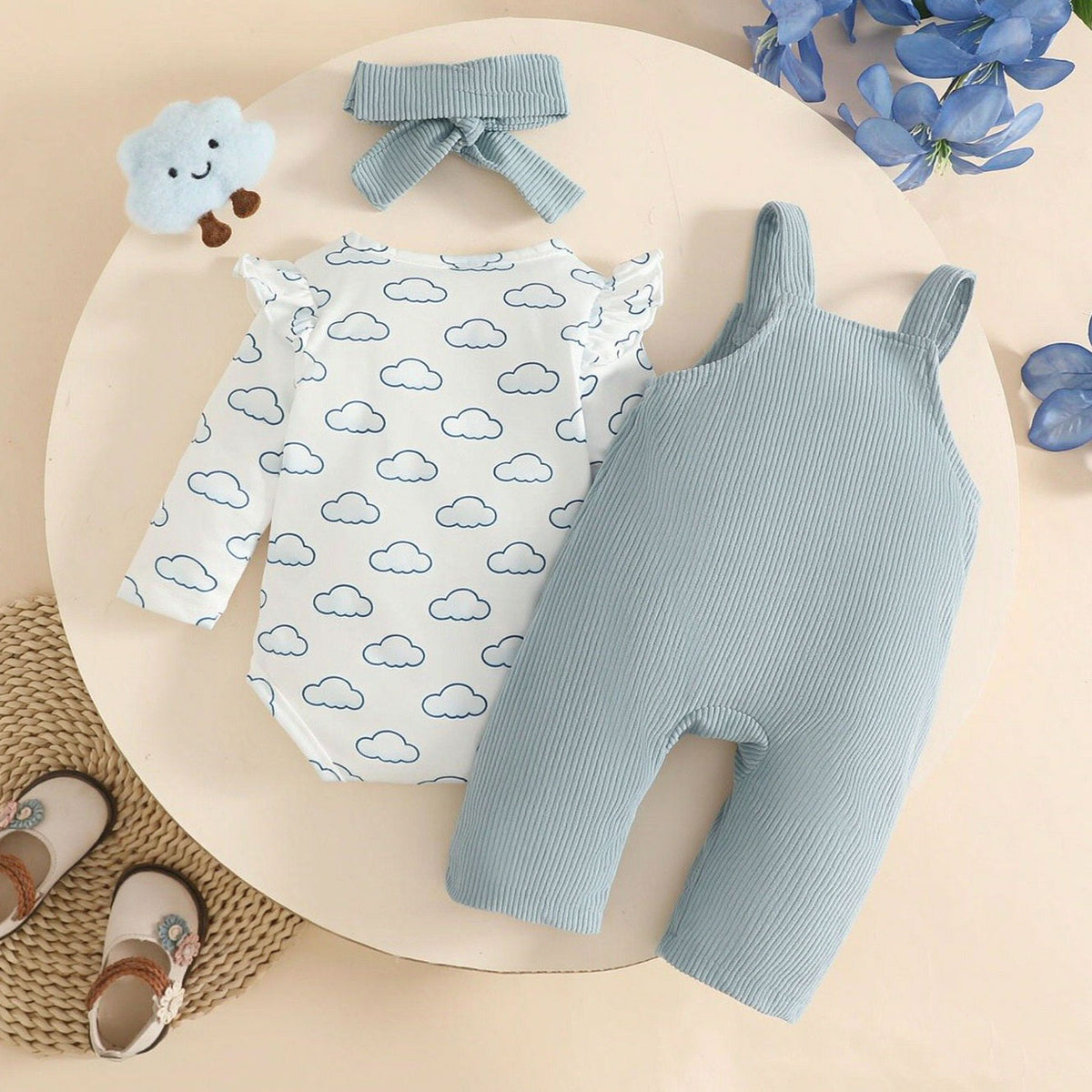 3PCS Lovely Swan Embroidered Cloud Print Baby Girl Overalls Set