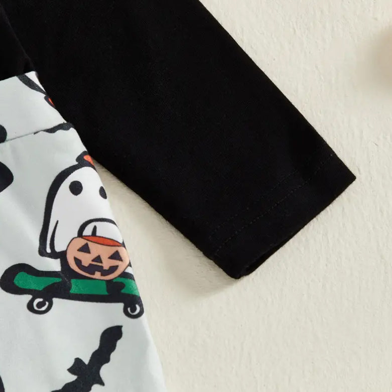 Cute Ghost Print Lapel Fake Two Baby Jumpsuit