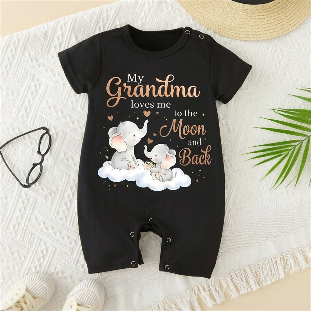 My Grandma Loves Me Letter Elephant Printed Short Sleeve Baby Jumpsuit