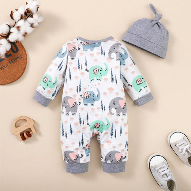 2PCS Cute Elephant Printed Long Sleeve Baby Jumpsuit